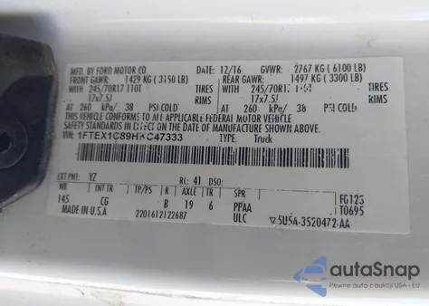 2017 Ford F-150 Xl z USA, uszkodzony, nr VIN 1FTEX1C89HKC47333